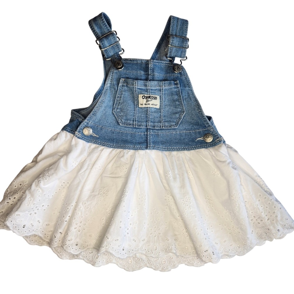 Osh Kosh B'gosh Eyelet Overall Dress Baby Girls 12 Month Skirtall White Denim